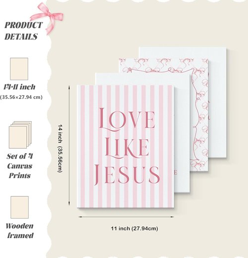 LARTSFRO Coquette Pink Bow Canvas Wall Art - Inspirational Bible Verses | Set of 4, 11x14 Inch for Teen Girls