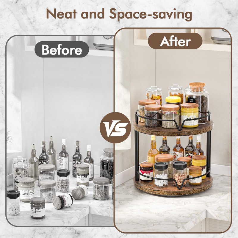 2 Pack 2 Tier Lazy Susan Organizer Wooden Rotating Spice Rack Spice Rack for Countertop 2 Tier Spice Turntable Organizer for Kitchen Countertop and Cabinet Compact and Versatile, Rustic Brown