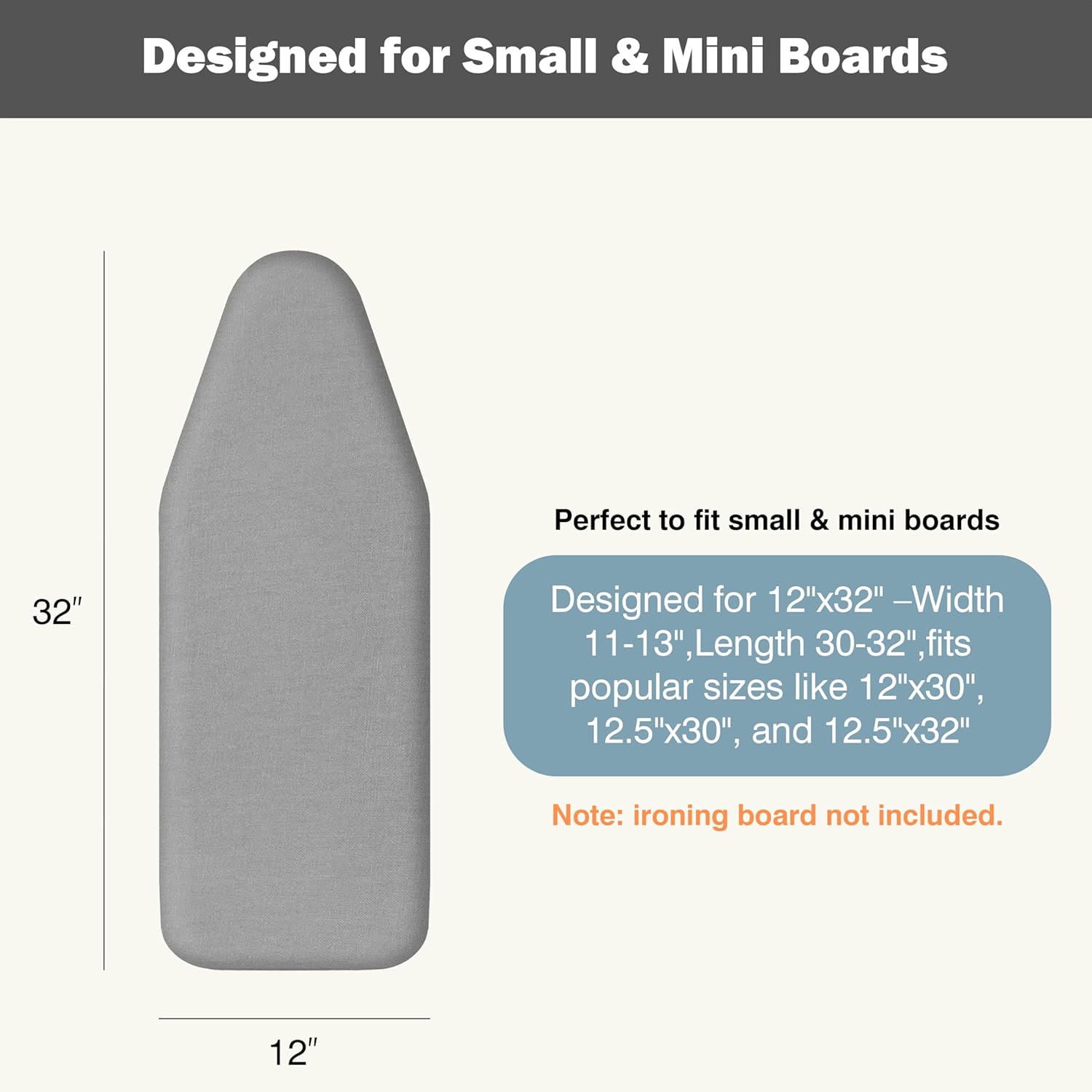 UniSimp Small Ironing Board Cover - Heat Resistant Cotton Canvas Pad | 12"x32" Gray Mini Cover