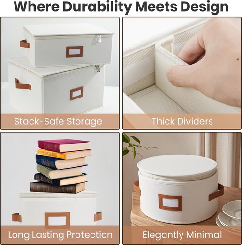 HOMELUX THEORY Hard Shell Storage Containers - 8pc Ivory Mug & Plate Boxes with Lids for Kitchen Organization