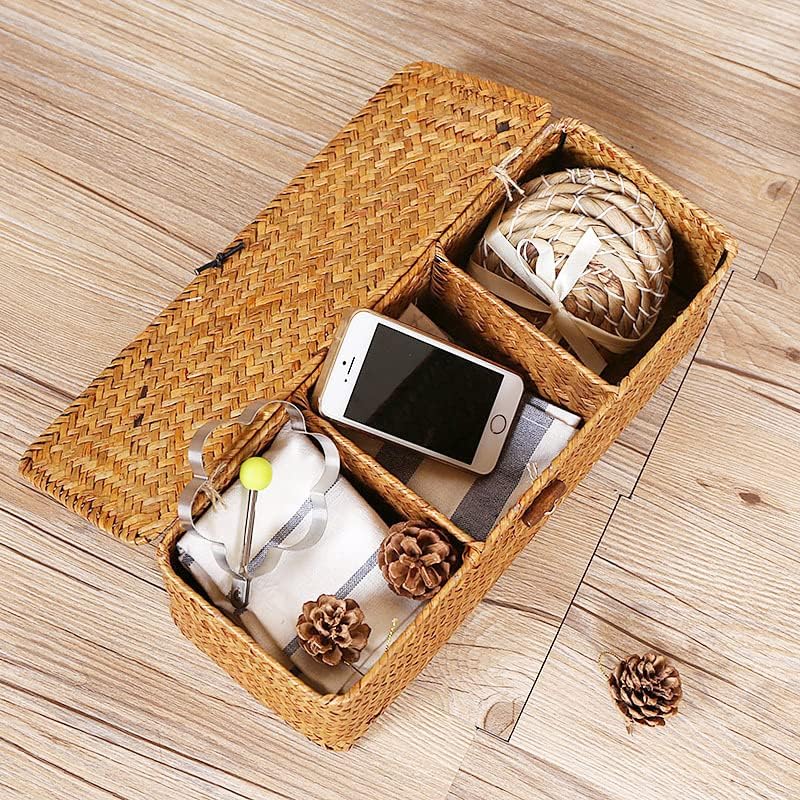 Seagrass Tank Basket - Woven Storage Basket with Lid for Organizing Snacks, Toys & More | Large 16.5" L x 5.5" W x 5.5" H