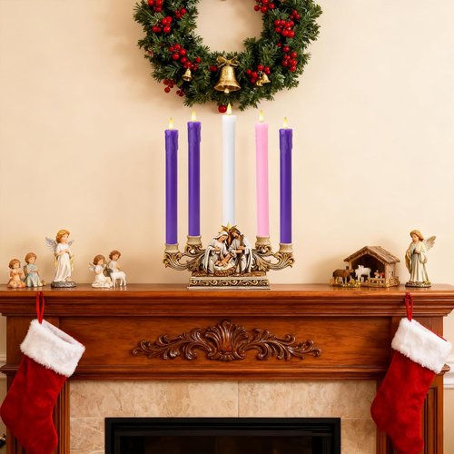 Lezonic Flameless Advent Candles - Battery Operated LED Taper Set of 5 for Christmas Decor | 3 Purple, 1 Pink, 1 White