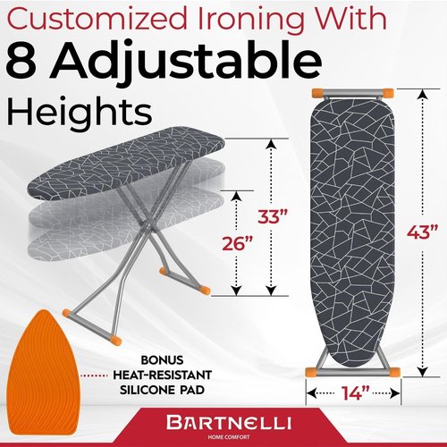 Bartnelli Compact Ironing Board - Space-Saving 13x43 Steel Design with Adjustable Height & Bonus Accessories