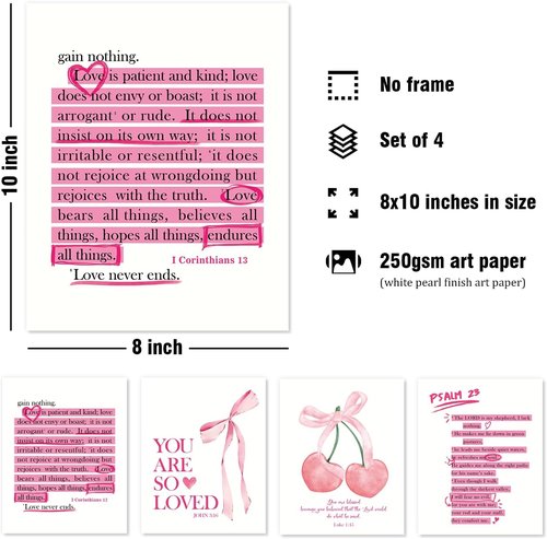 **DSHFG Cute Preppy Pink Bow Bible Verses Wall Decor - Set of 4 Christian Prints for Teen Girls 8x10**