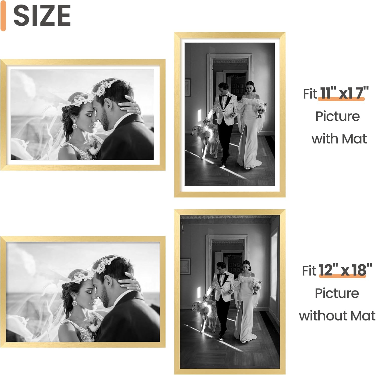 Upsimples 12x18 Picture Frame Set of 5 - Elegant Gold Frames for 11x17 or 12x18 Photos