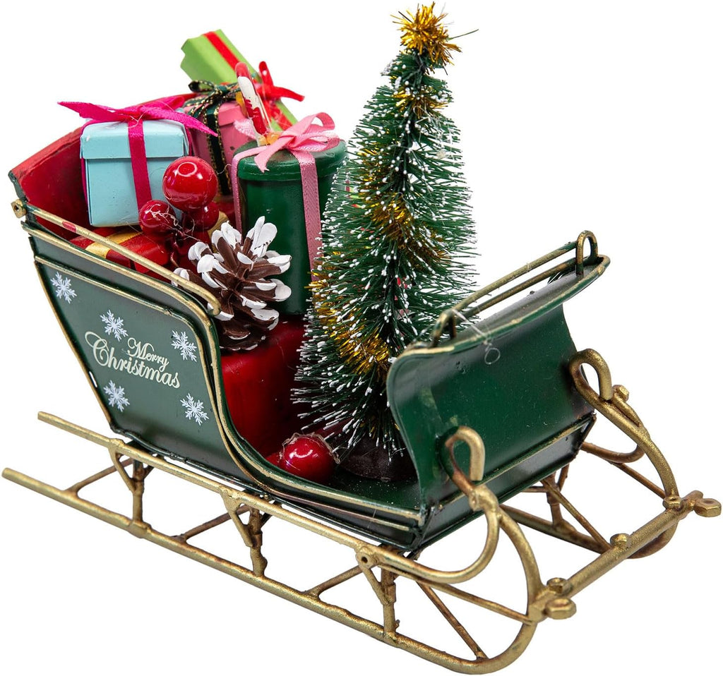 YCHTEWY Red Santa Sleigh Christmas Decor - Rustic Metal Tabletop Holiday Decoration (6.7")