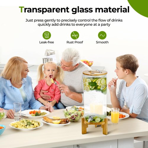 Beverage Dispenser 2.1 Gallon with Spigot Glass Water Dispenser for Parties, Bars, Restaurants (8L）with Wood Stand Drink Dispensers