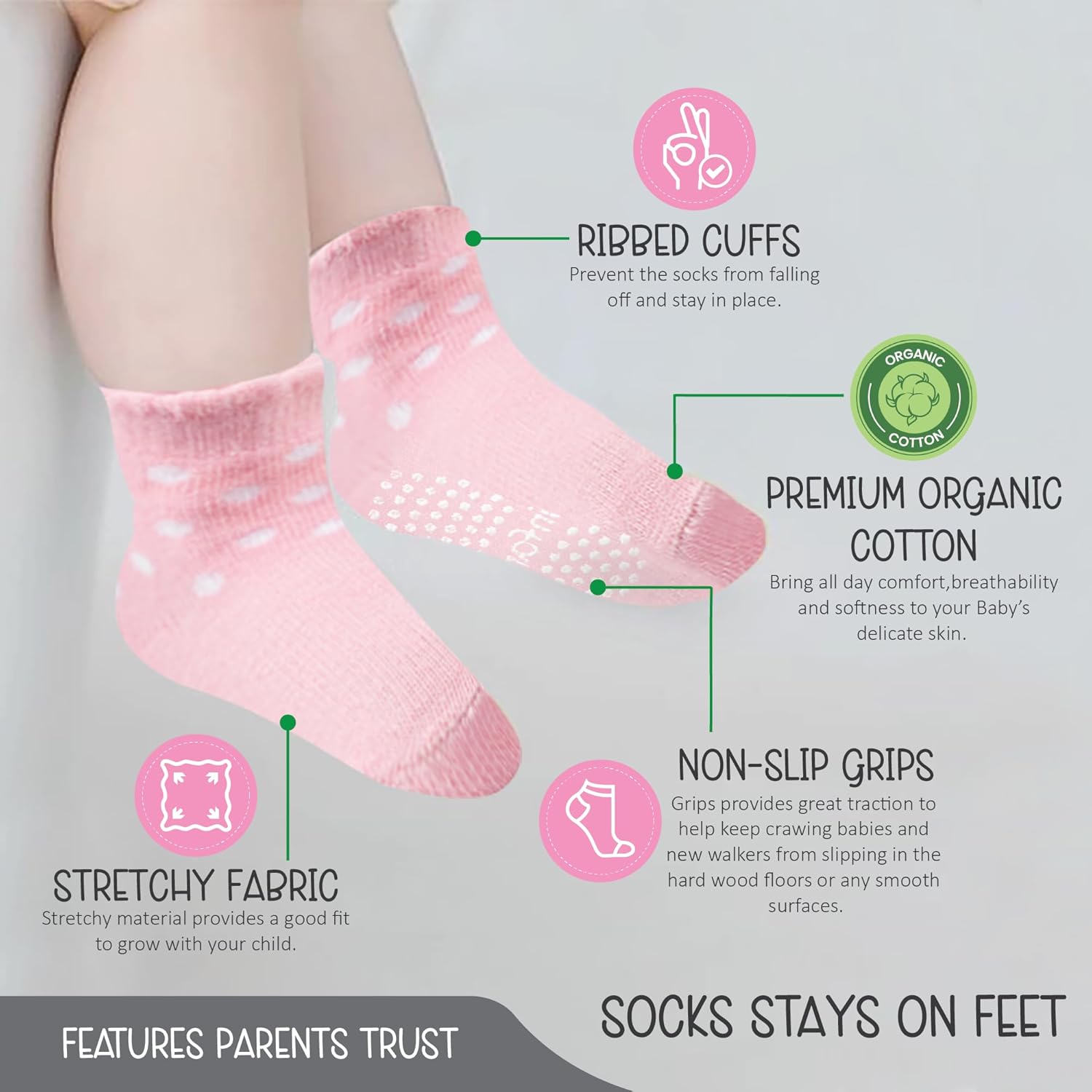 Skiennix Organic Cotton Baby Socks - GOTS Certified, Soft & Breathable | 6 Pairs for Newborn Girls 0-6 Months