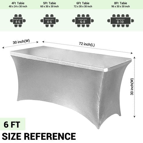 Obstal 6 Pack Stretch Spandex Table Covers for 6 Foot Tables - 6 FT Rectangular Fitted Tablecloth Protector for Wedding, Banquet, Party (Stamping Silver, 72'' Length x 30'' Width x 30'' Height)
