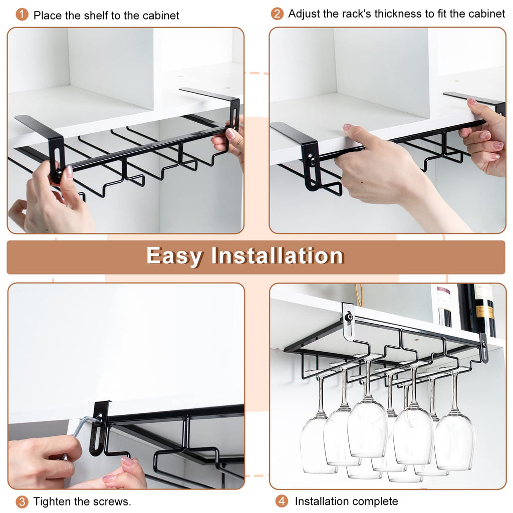 AUHOKY 2Pcs Adjustable Wine Glass Rack Under Cabinet, Punch-Free 3 Rows Stemware Metal Holder, Hanging Glass Storage Hanger Organizer for Shelf Kitchen Bar Decor (3 Rows, Black)