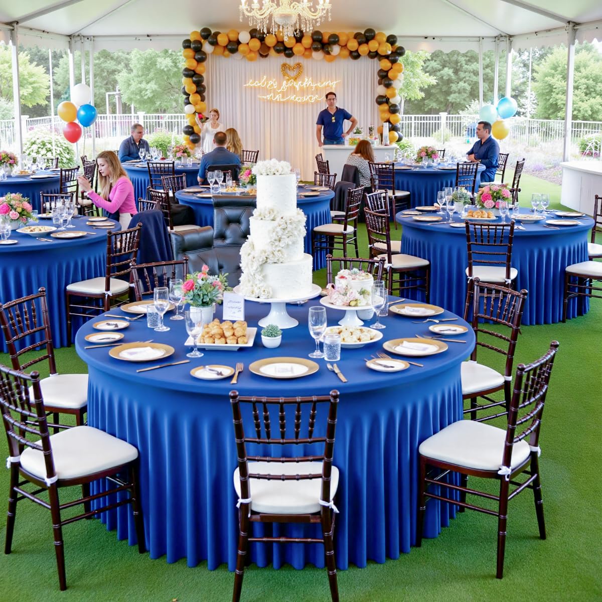 Outpain 4 Pack Spandex Royal Blue Round Tablecloths for 60in Tables, 120Inch Stretchy Fitted 5FT Round Table Clothes,Wrinkle Free Table Cover with Skirt for Wedding Party Dining Banquet