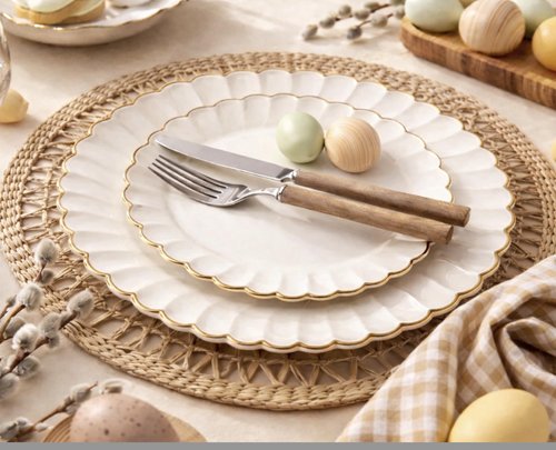 By Madee HEAVYWEIGHT 100 Pc Ivory and Gold Scalloped Disposable Plates for Party | 50 Dinner & 50 Dessert Heavy Duty Pastic Plates | Elegant and Fancy (50 Guests)