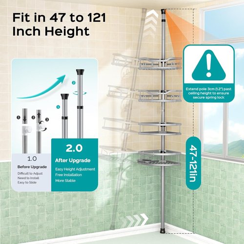 HAMITOR Corner Shower Caddy Tension Pole - Rustproof 4-Tier Bathroom Organizer for Shampoo Storage | Adjustable 47-121 Inch Silver Gray