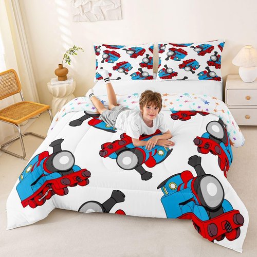 Feelyou Train Bedding Set Kids Cartoon Car Comforter Set Boys Girls Train Travel Decor Comforter Microfiber Construction Red Blue Duvet Bedroom Quilt Twin Size with 1 Pillow Case