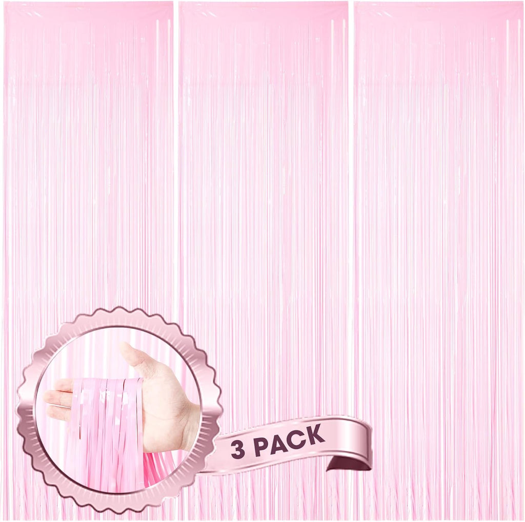 Voircoloria Foil Fringe Backdrop Curtains - 3 Pack Tinsel Streamers in Pastel Pink | Perfect for Parties, Graduations, and Baby Showers