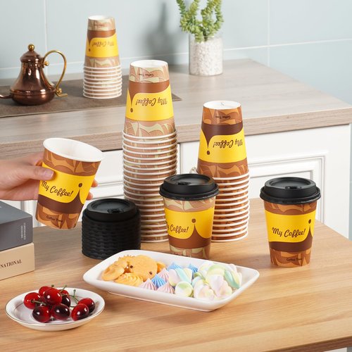 Tamone 100 Pack 16 oz Disposable Coffee Cups with Lids, Paper Coffee Cups with Lids, Cold/Hot Drinking Paper Cups for Water or Juice, Disposable Paper Cups for Home, Office