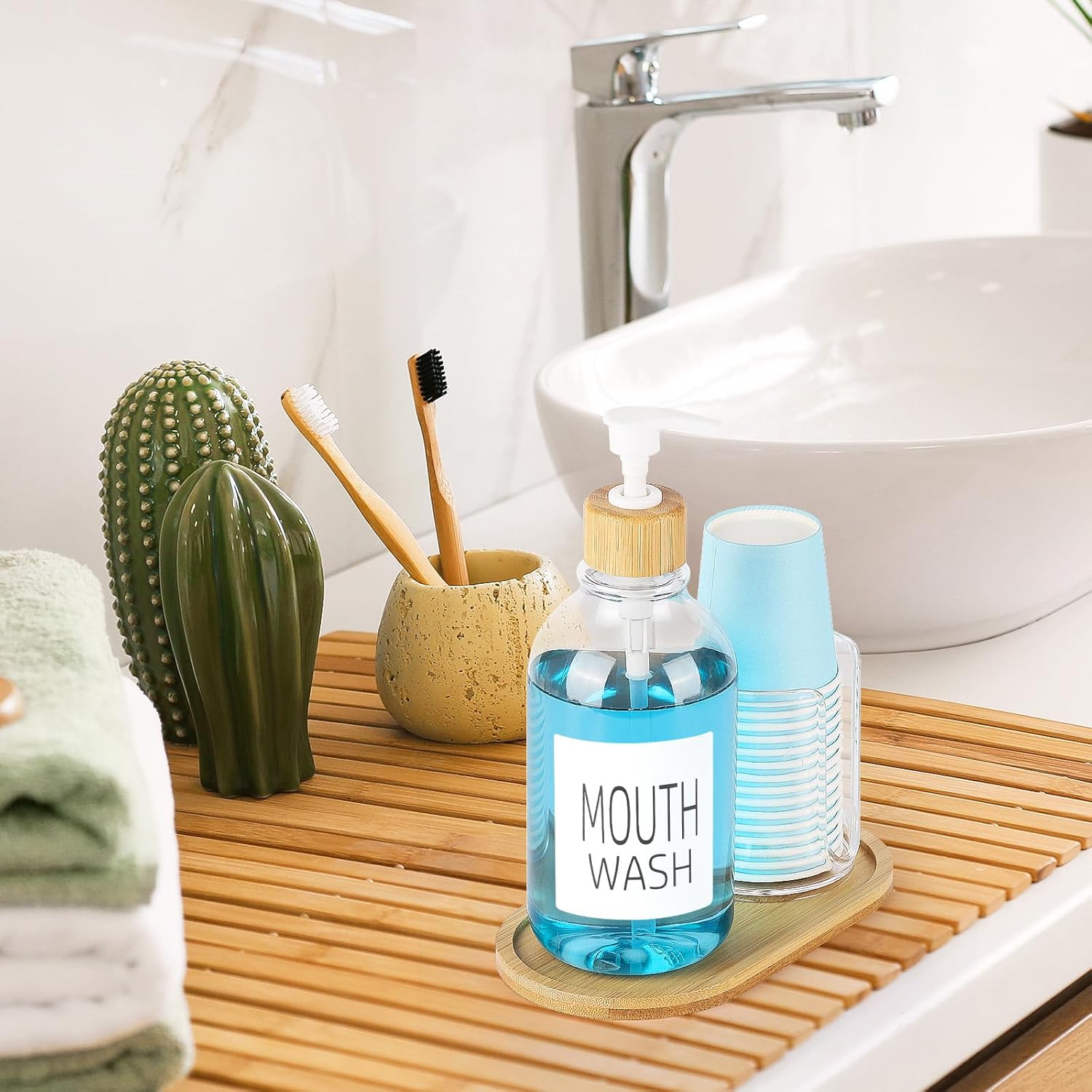 Regine Switzerland Mouthwash Dispenser - 17oz Refillable Clear Pump Bottle with Cup Holder & Tray