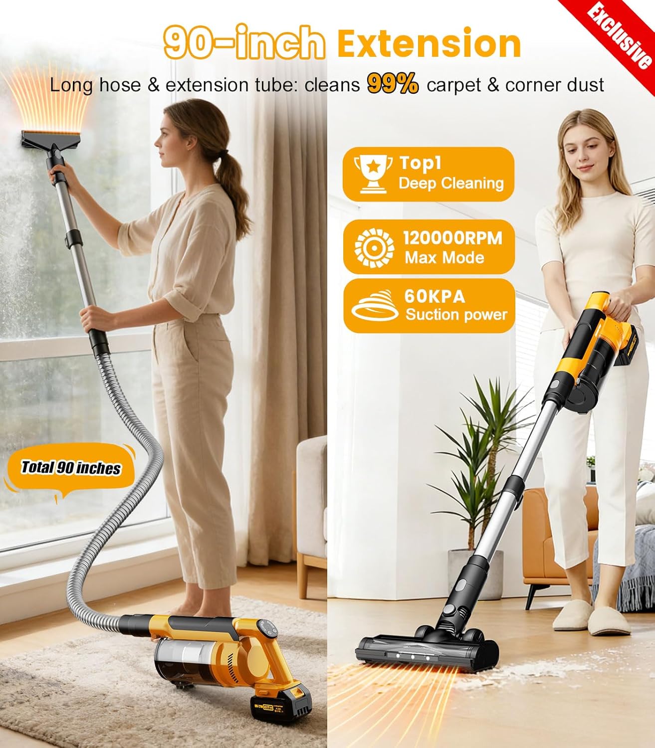 Qimedo 8000mAh Cordless Vacuum Cleaner - 700W Powerful Suction, 90-Inch Extension Tube & 2L Dust Cup | 7-in-1 for Home & Pet Hair