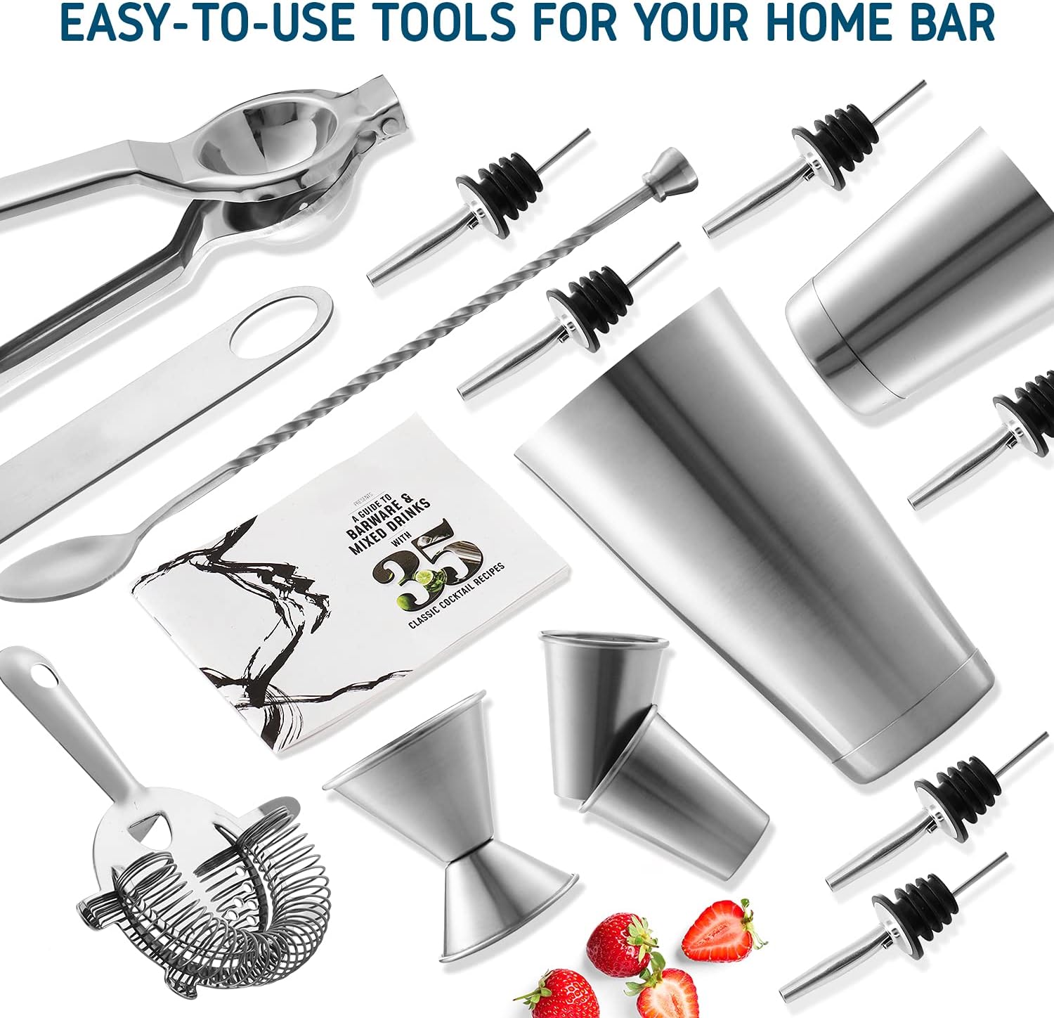 Skiennix Cocktail Shaker Set - 16-Piece Stainless Steel Mixology Kit with Bar Tools & Recipe Book | Silver