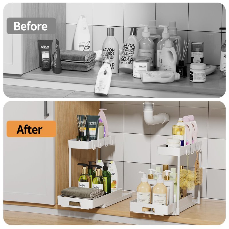 Delamu 2 Pack Under Sink Organizers and Storage, 2 Tier Pull Out Bathroom Cabinet Organizer, L-Shape White Under Bathroom Kitchen Sink Organizer with Drawer for Under Sink Storage Organizer