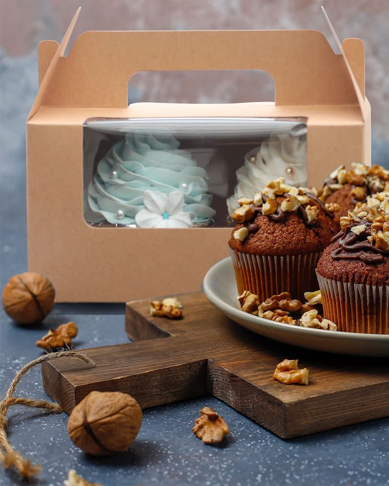 qiqee Black Cupcake Box Two Holder 6.5x3.6x3.5inch(2.2" Top) 50pcs 2 Cupcake Boxes With Window