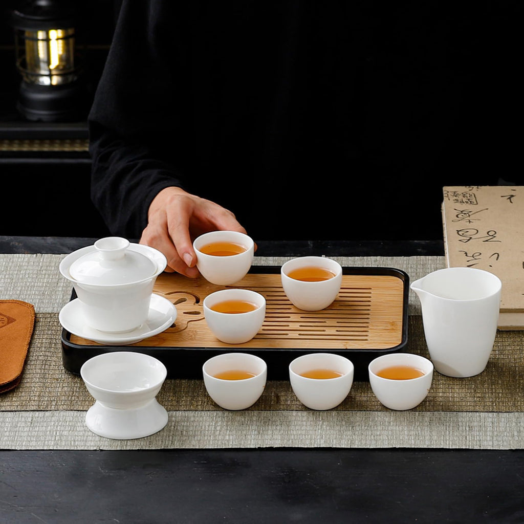 REOWONU Chinese Tea Set Traditional, Chinese Gongfu Tea Set for Adults, Gaiwan Tea Set with 6 Cups (Pure white 6cups)