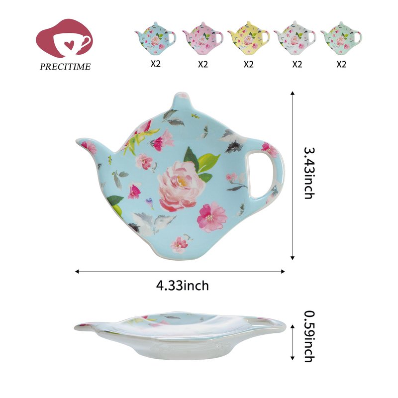 PRECITIME Porcelain Tea Bag Coasters, Floral Used Tea Bag Holder Ceramic, Set of 10 Tea Bag Plates Floral, Teaspoon Rest, Tea Bag Dish, Tea Party Gifts