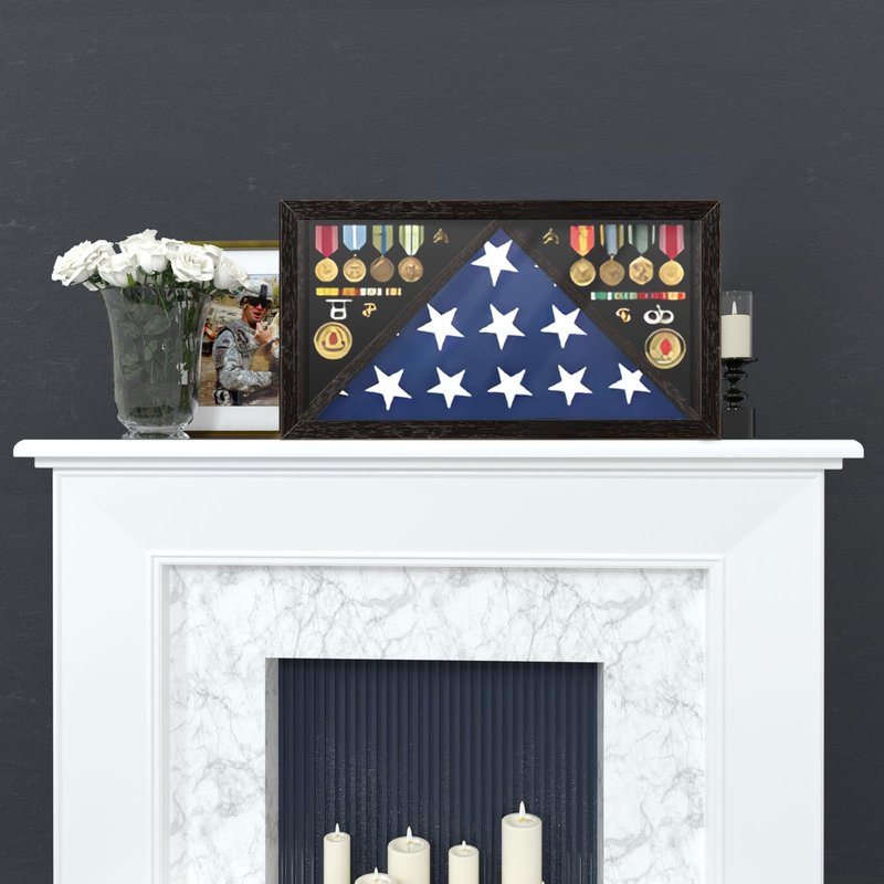 Flag Display Case for Funeral Flag, 5' x 9.5' Military Burial Flag Box with HD Tempered Glass and Removable Dividers, Memorial Flag Frame with Felt Lining for Badges Medals (Black)