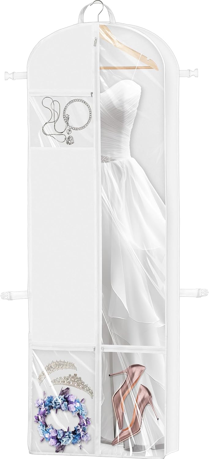 Simple Houseware Wedding Dress Garment Bag - 70-Inch Long, 8-Inch Gusseted Design with Pockets, White