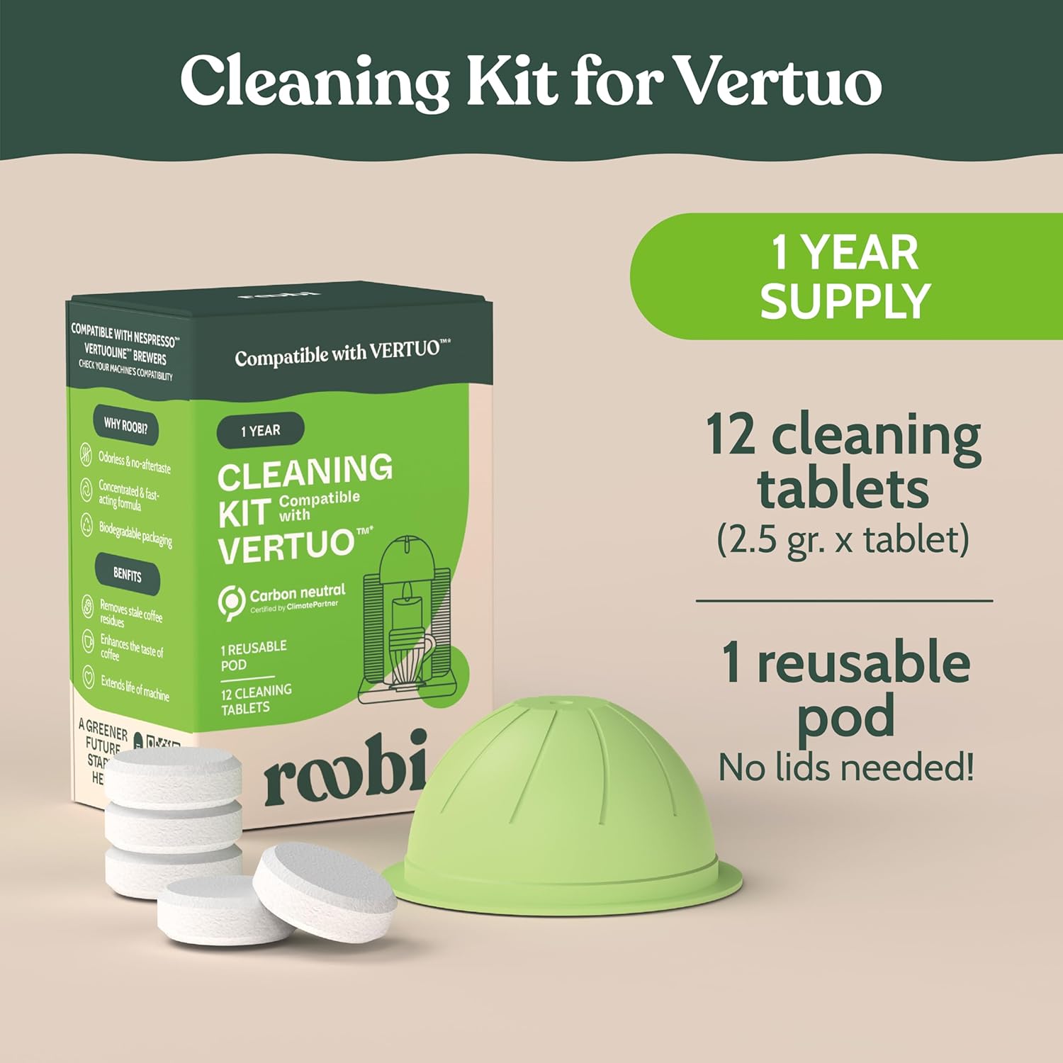 Roobi Nespresso Vertuoline Cleaning Kit - 1 Reusable Pod & 12 Eco-Friendly Tablets | 1-Year Supply