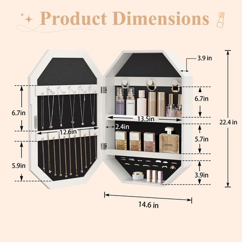 VECELO LED Jewelry Cabinet, Wall/Door-Mounted Jewelry Organizer with Frameless Lighted Mirror, Storage Hanging Cabinet, USB Port, 22.4 * 14.6 * 3.9 in, White