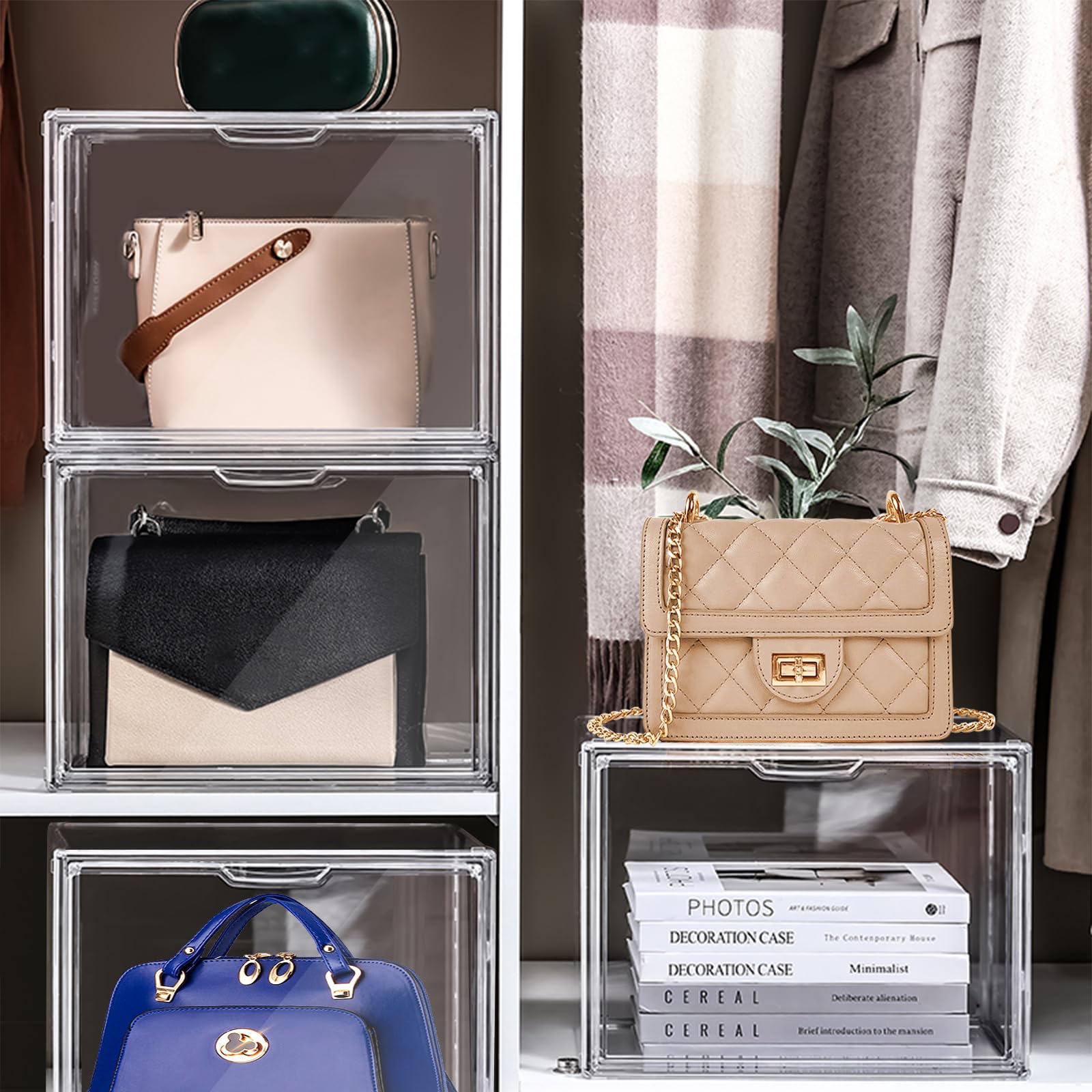 4 Packs Handbag Storage Organizer for Closet, ULENDIS Clear Acrylic Display Case for Purse and Handbag, Stackable Storage Organizer with Magnetic Door for Wallet Book Cosmetic Toys Display