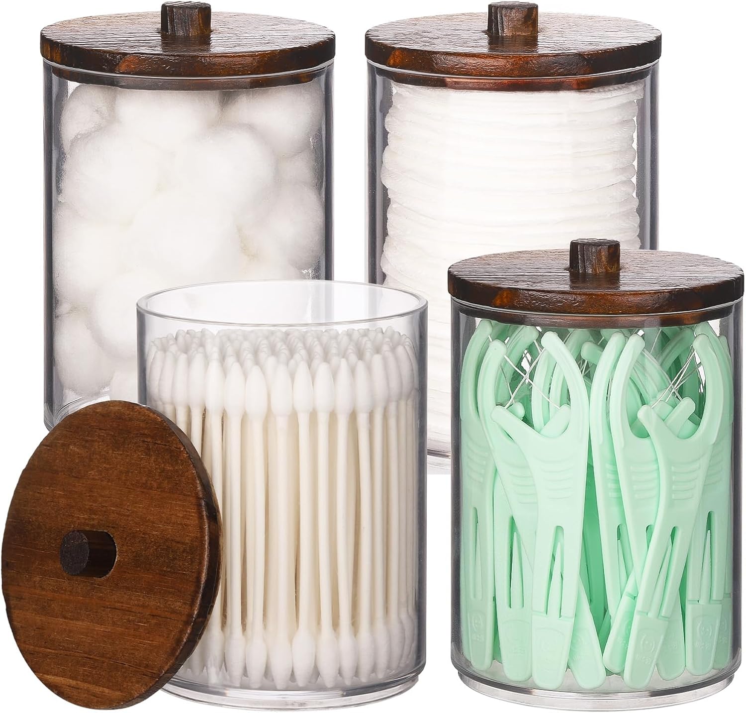 Tbestmax Qtip Holder Bathroom Set - 4 Clear Plastic Organizers with Wood Lids for Cotton Balls & Swabs