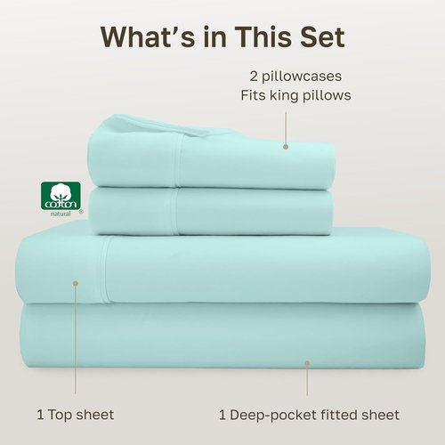 California Design Den King Size Bed Sheets Set - 100% Cotton, 400 Thread Count, Smooth Sateen Finish, Deep Pockets - Seafoam