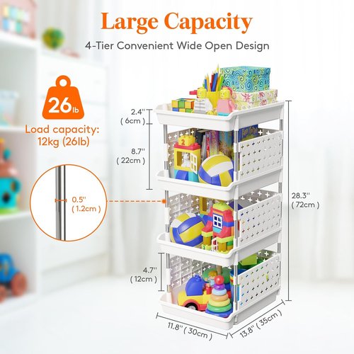 Lifewit Stackable Storage Baskets - 4-Tier Multifunctional Organizer for Kitchen, RV & Bathroom | 13.8"D x 11.8"W x 28.3"H, White