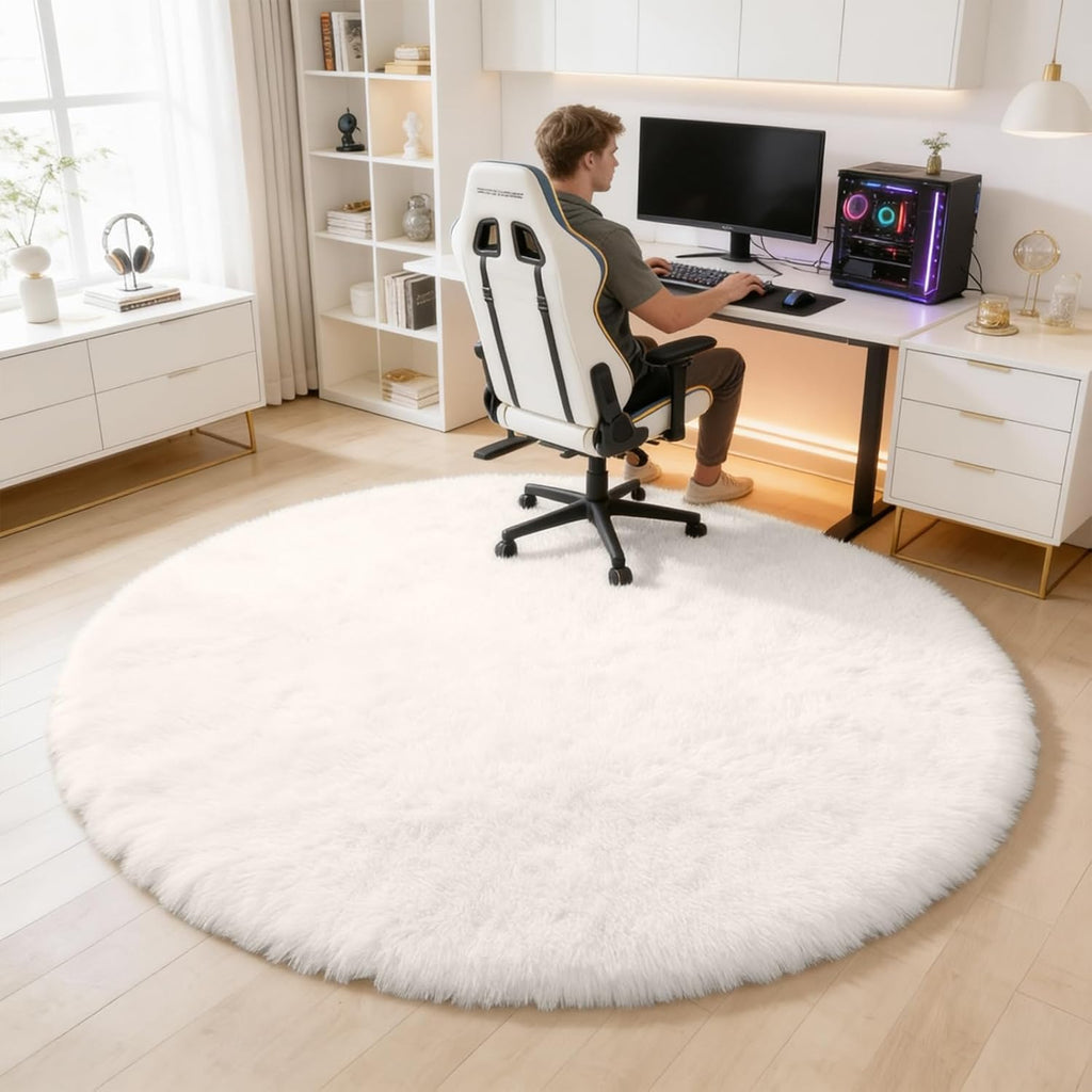 OLANLY Ivory Round Area Rug - Soft, Fluffy, Machine Washable 6 ft Circle Carpet for Bedroom & Living Room Decor
