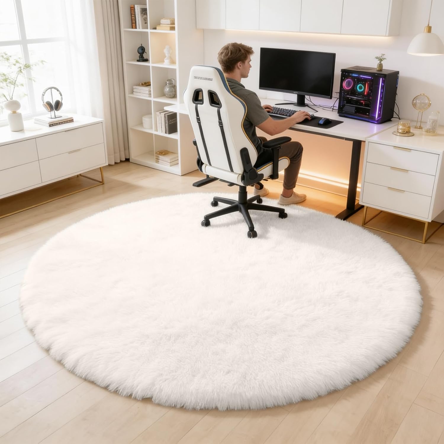OLANLY Ivory Round Area Rug - Soft, Fluffy, Machine Washable 6 ft Circle Carpet for Bedroom & Living Room Decor
