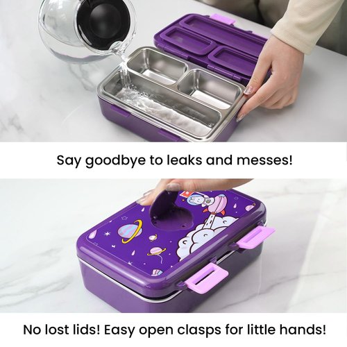 Bento Box for Kids – 3-Compartment Kids Bento Lunch Box with Leak-Proof Lid, Spoon & Stainless Steel Tray – 20 x 15 x 6.8 cm BPA-Free, Dishwasher Safe - Fun Space Design for School & Travel (Purple)
