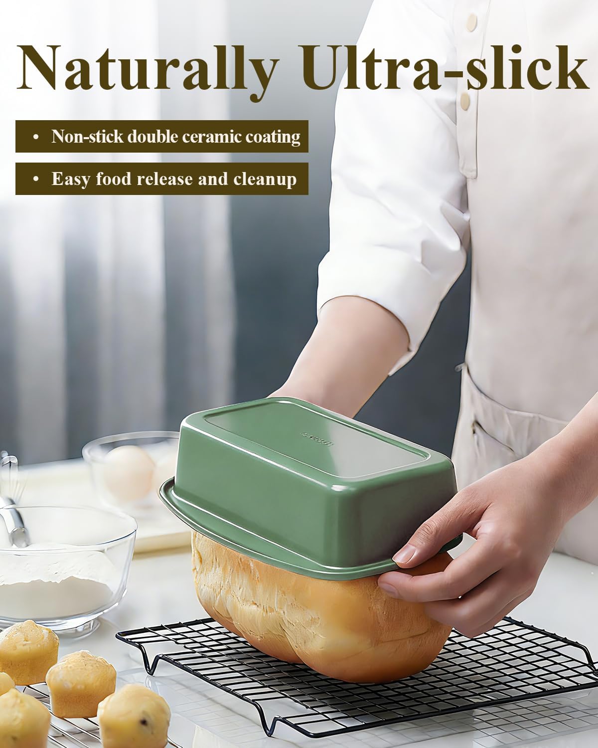 Skiennix Non-Stick Bread Loaf Pan - 9x5 Inch, Ceramic Coating, Oven Safe to 550°F, Dishwasher Safe, Pistachio Green