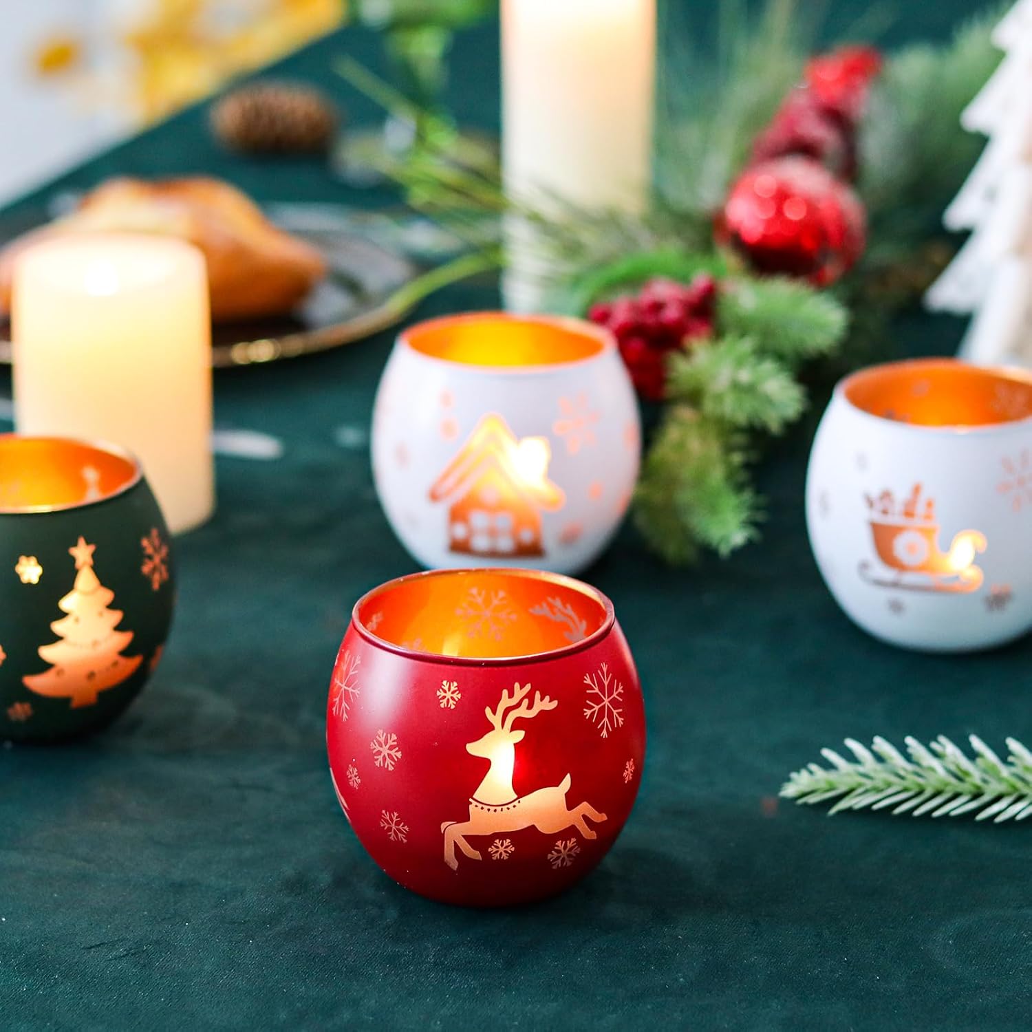 Skiennix Christmas Candle Holders - Set of 4 Frosted Glass Tealight Votives | Holiday Table Centerpiece (Red, Green, White)