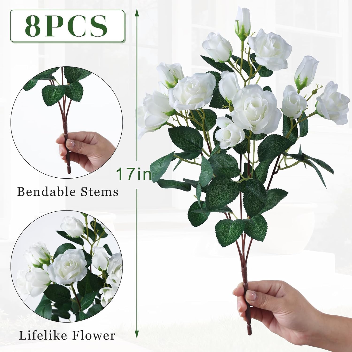 Skiennix Artificial Roses - Realistic Faux Silk Bouquets for Outdoor Decor | 8 Bundles in White