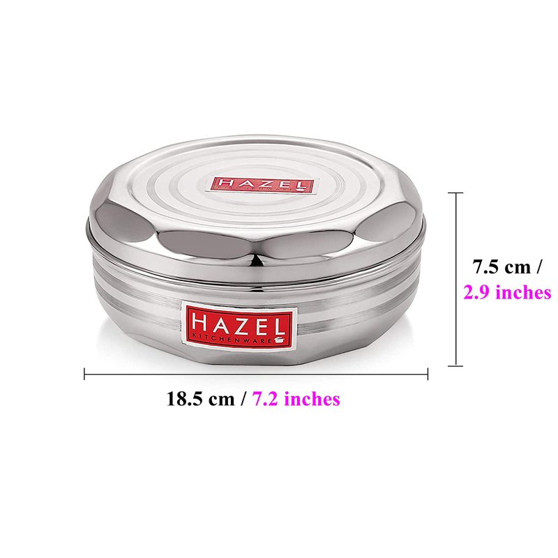 HAZEL Stainless Steel Spice Box with Spoon, Airtight 7-Compartment Masala Dabba, 7.3-Inch Round Spice Organizer for Kitchen Storage