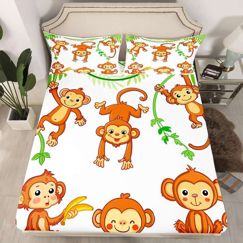 Feelyou Kids Cute Monkeys Bed Sheets Cartoon Monkey Banana Decor Sheet Set for Kids Boys Girls Wild Animal Pattern Bed Set Natural Wildlife Sheets Bedroom Collection 4Pcs Full Size
