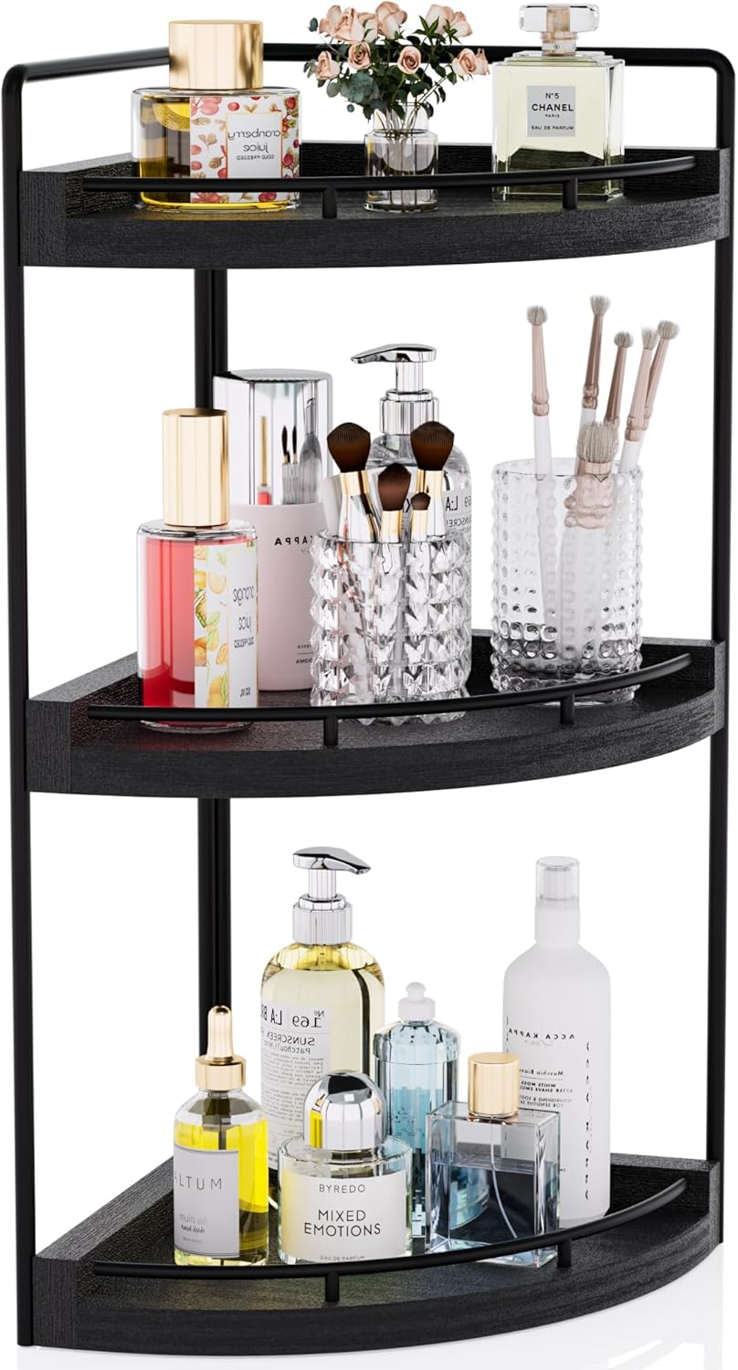 Skiennix Corner Bathroom Counter Organizer - 3-Tier Wood Vanity Shelf for Skincare & Makeup (Black)