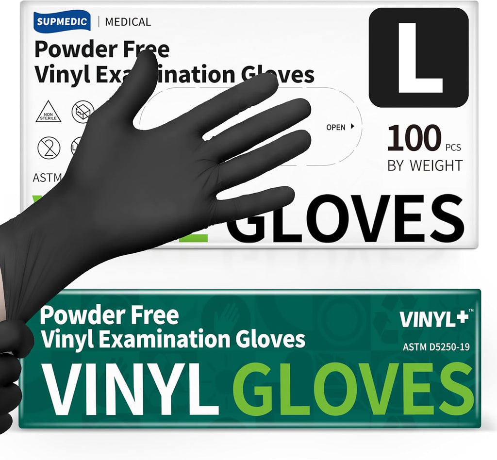 Supmedic Vinyl Disposable Exam Gloves - Black 4Mil, Powder-Free & Latex-Free | Medical & Food Safe, 100 Ct