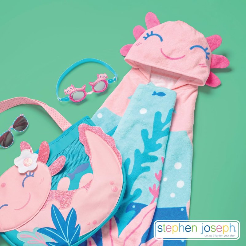Stephen Joseph, Kids Hooded Beach Towel for Girls & Boys (3-8 Years), Toddler Poncho Bath Towel with Hood, Soft Absorbent Cotton, Large 46”x 23.5”, Axolotl