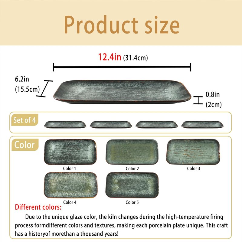 jinsongdafa Ceramic Serving Dinner Plate Set, 4-Piece for Main Meals, Tacos, Lunches, Snack, Platters - Microwave and Dishwasher Safe, Scratch Resistant, Kitchen Serving Dinnerware, Black 12.4 Inch