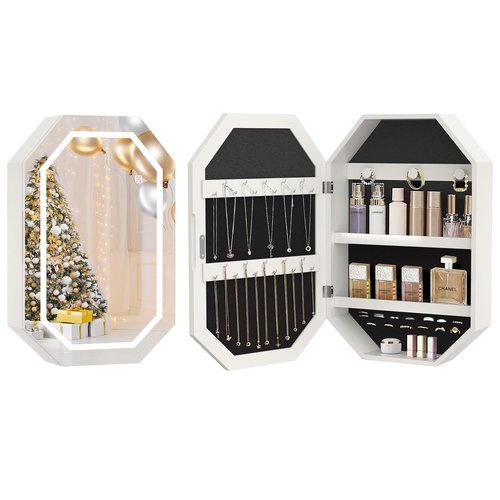 VECELO LED Jewelry Cabinet, Wall/Door-Mounted Jewelry Organizer with Frameless Lighted Mirror, Storage Hanging Cabinet, USB Port, 22.4 * 14.6 * 3.9 in, White