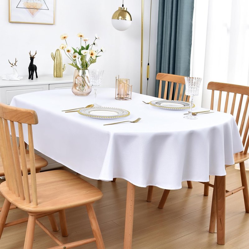 Nacuci Oval Tablecloth 60x102 Inch Polyester Fabric Table Cloth Solid White Heavy Duty Table Cover Washable for Dining Home Party