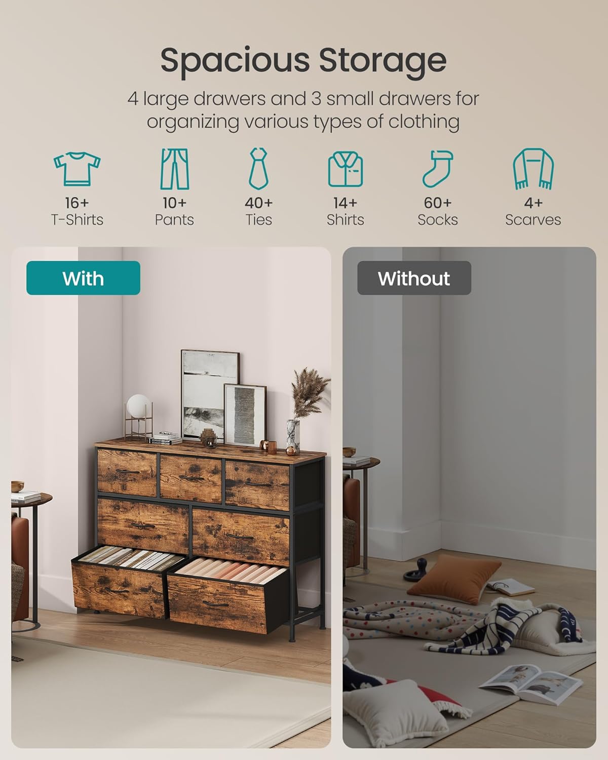 SONGMICS Dresser - 7-Drawer Storage Organizer Unit for Bedroom or Entryway - Rustic Brown & Ink Black